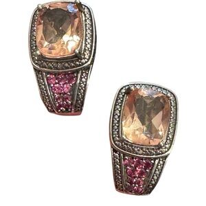Elegant STS Cushion Cut Tournaline & Ruby Sterling 925 Huggie Earrings